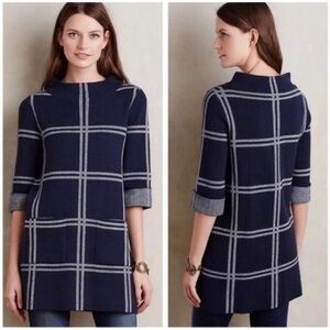 Moth by Anthropologie wool mock sweater tunic plaid blue size MP